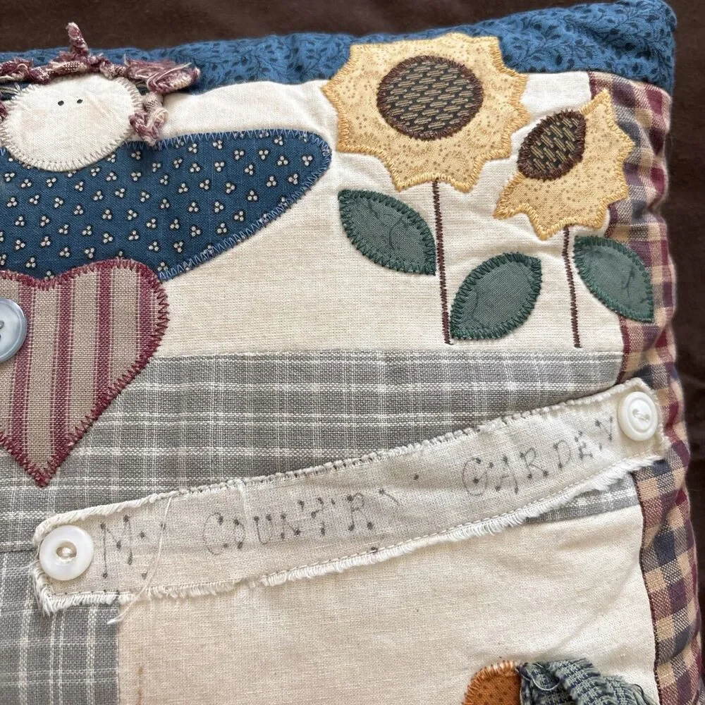 Vtg Primitive Country Appliqué Throw Pillow Folk Art Patchwork Garden